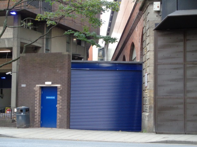 View from Neville Street showing the new metal shutter (taken Nov 23 2015).