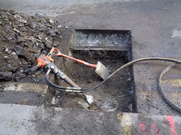 A short bit of an old tram track exposed on Vicar Lane (Leeds) on Jan 28 2016.