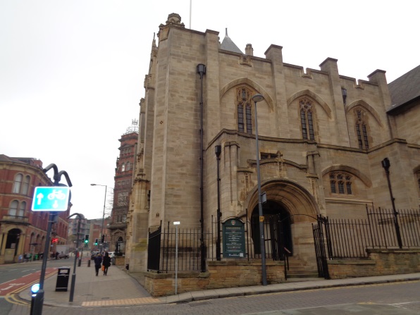 Location of the Bench Mark on the St Anne's Street/Cookridge Street corner of Leeds Cathedral (taken March 10 2016).