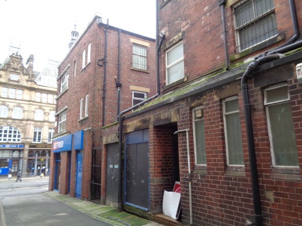 View to Vicar Lane from Fish Street showing the passage position (taken Feb 4 2016).