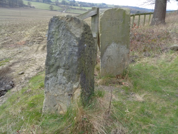 The 2 stone pillars at the junction of Eccup Lane and High Weardley Lane, Leeds (taken on Leap Year Day Feb 29 2016).