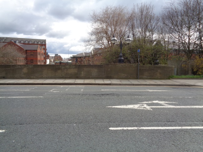 View looking to the Bench Mark on Victoria Bridge, Neville Street, Leeds (taken April 7 2016 at 11:51 a.m.).