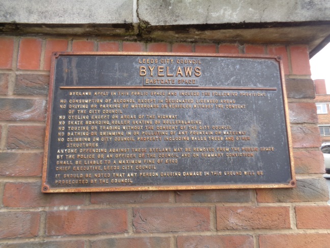 Leeds City Council byelaws sign next to Lady Lane (photo taken June 16 2016).